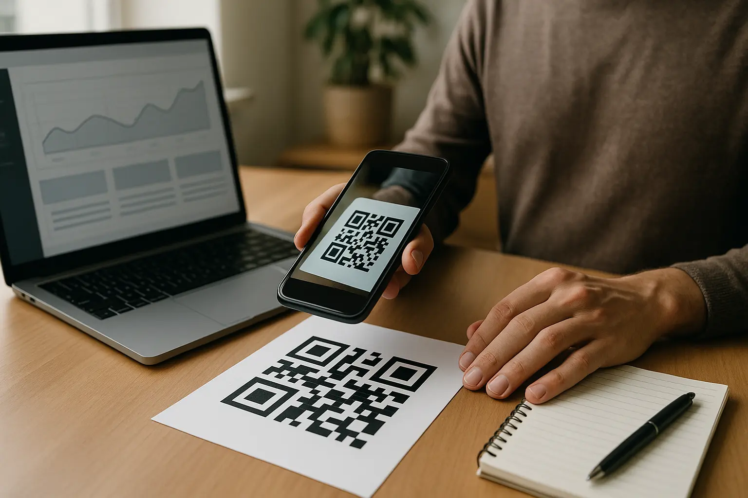 Phone scanning a QR code on a flyer beside a laptop with analytics charts
