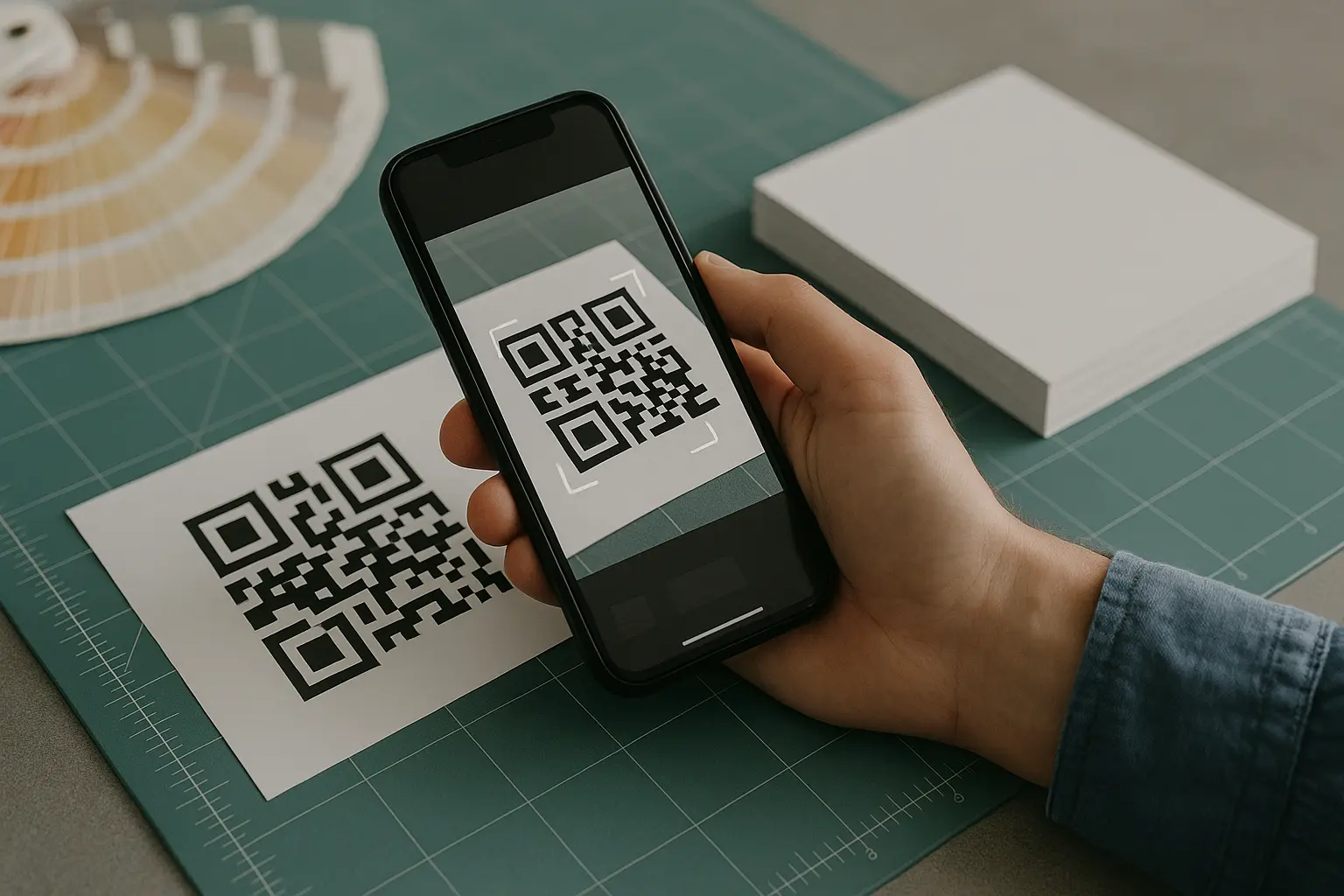 Smartphone scanning a QR code on a direct mail postcard proof on a workbench