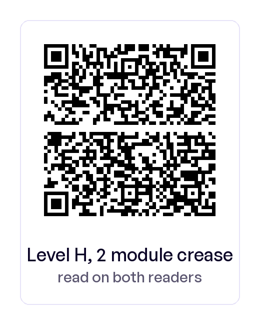 Test QR code for a receipt link at error level H with a white crease 2 modules wide across its middle, which still reads