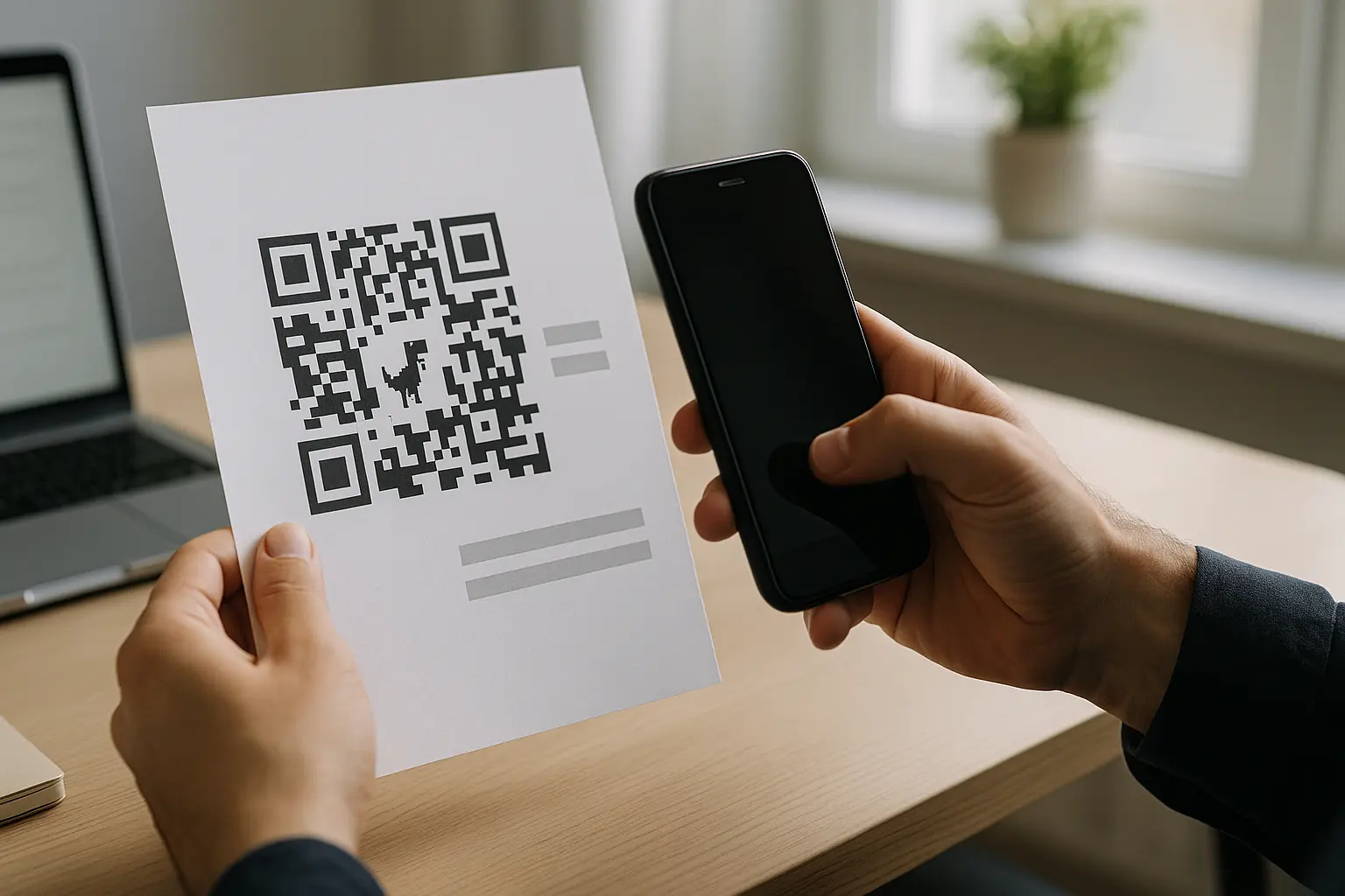 Phone scanning a printed QR code with a small dinosaur icon