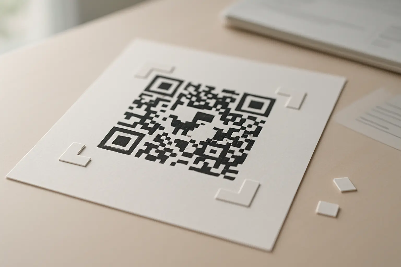 Close-up of a printed QR code emphasizing corner finder areas