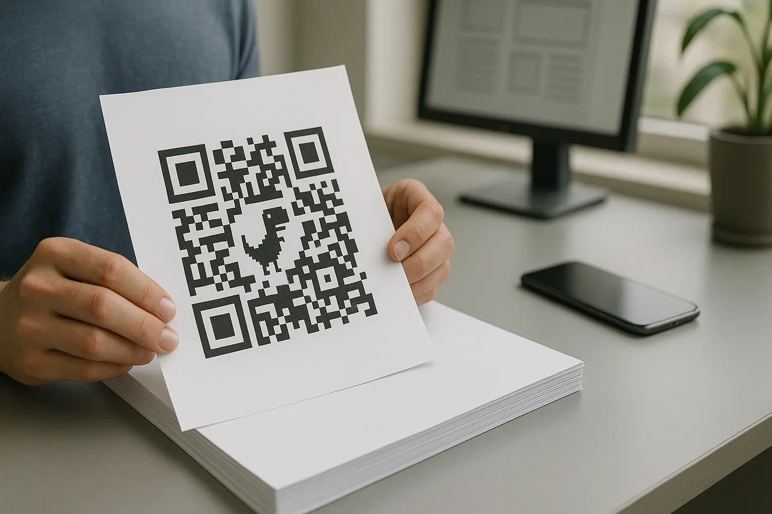 Printed QR code with a small dinosaur icon in the center on a desk