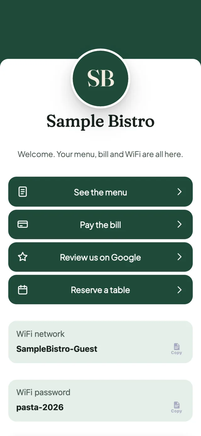 A QRplify table page for a sample bistro: buttons to see the menu, pay the bill, review it on Google and reserve a table, then its WiFi name and password