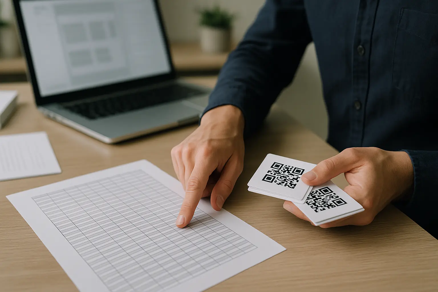 Hands cross-checking QR cards against a printed CSV table