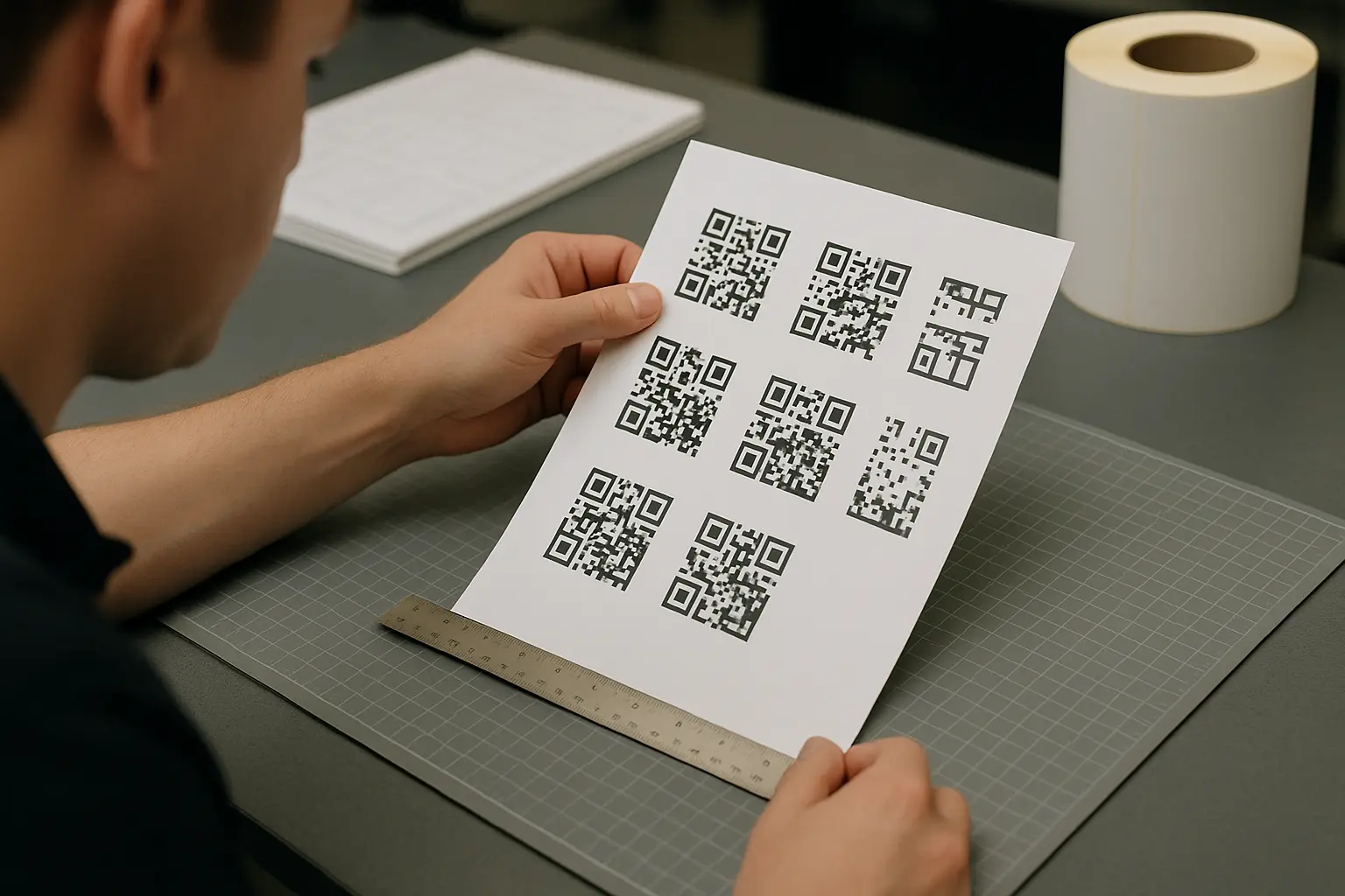 Hands measuring a QR code proof sheet with a ruler on a cutting mat