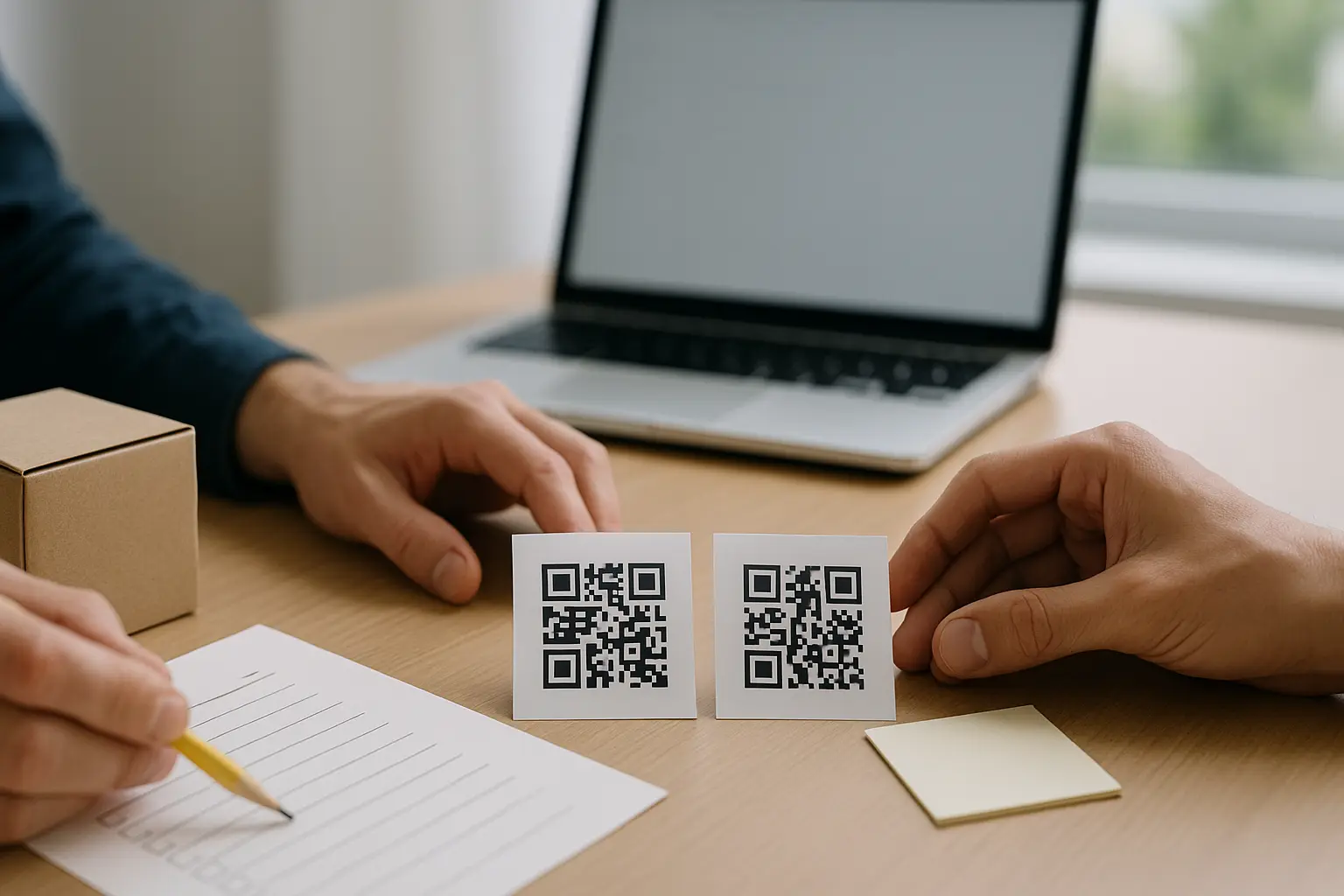 Hands comparing two QR labels on a desk for a print campaign