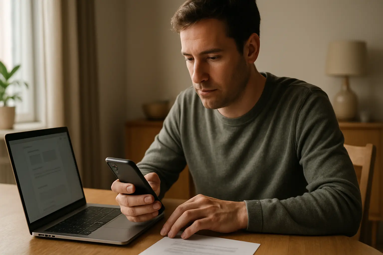 Person checking wish list sharing settings on a phone beside a laptop