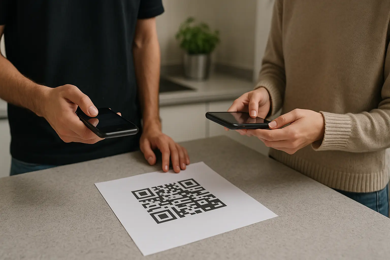 Two phones scanning the same printed QR code on a countertop