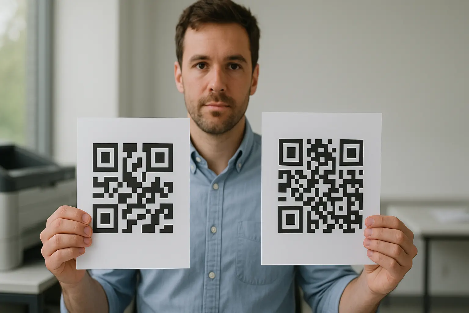 Two different QR-like patterns on paper sheets held side by side