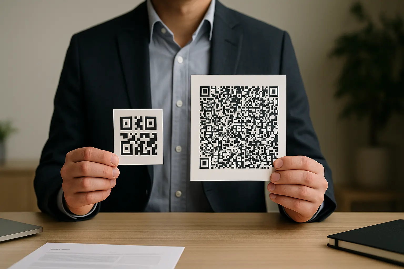 Hands holding two QR-style grids of different sizes to show version scaling
