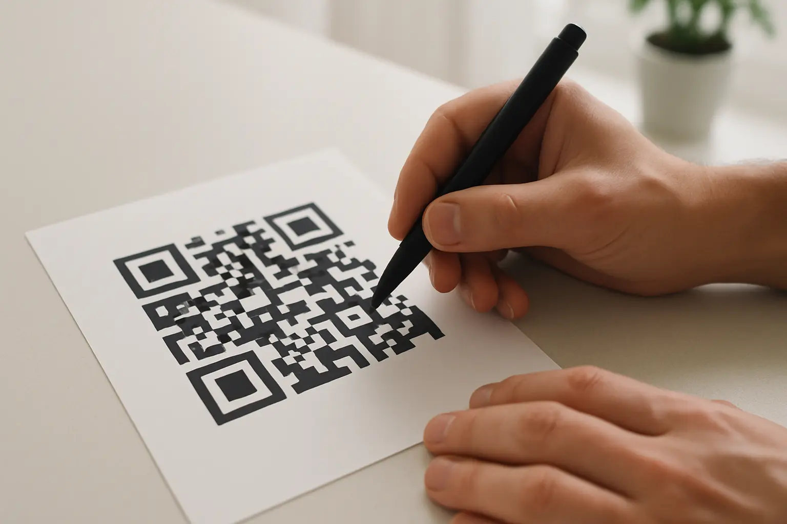 Hands pointing out the corner squares and border on a printed QR code