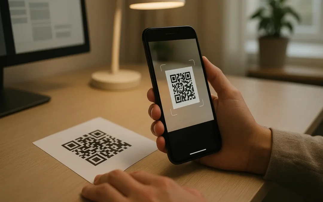 Phone camera scanning a QR code on a glossy flyer
