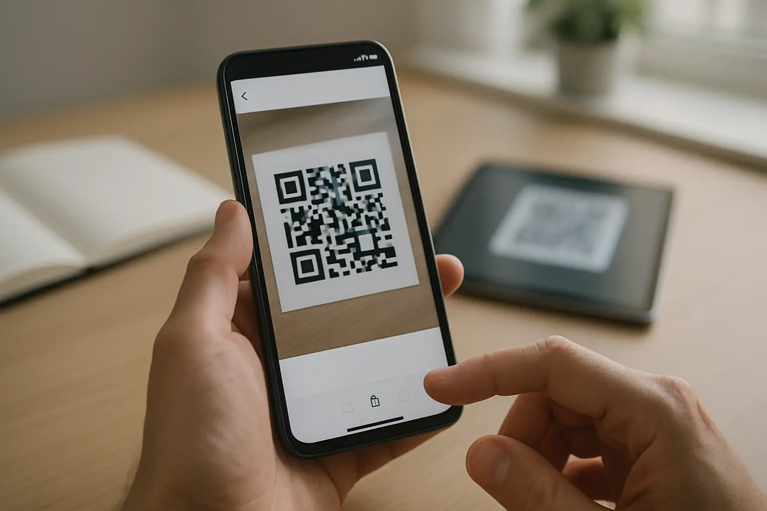 Person viewing a QR code image in a phone photo gallery ready to scan from the picture
