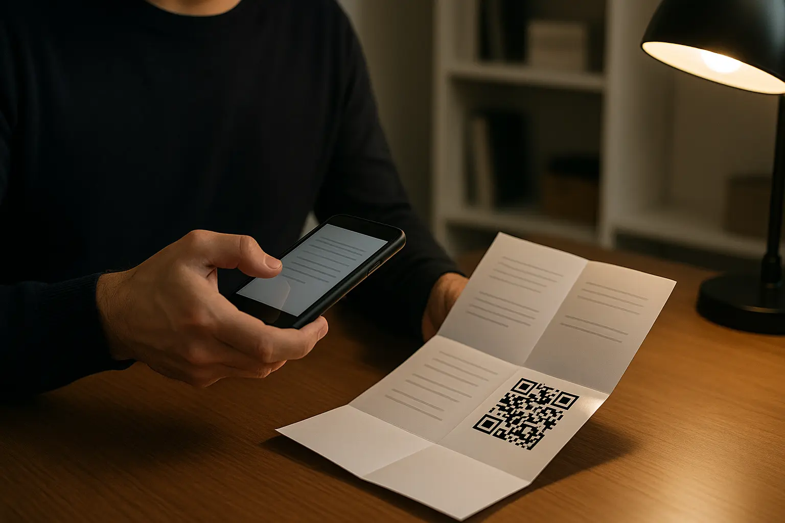 Person tilting a glossy flyer to reduce glare while scanning a QR code with a phone