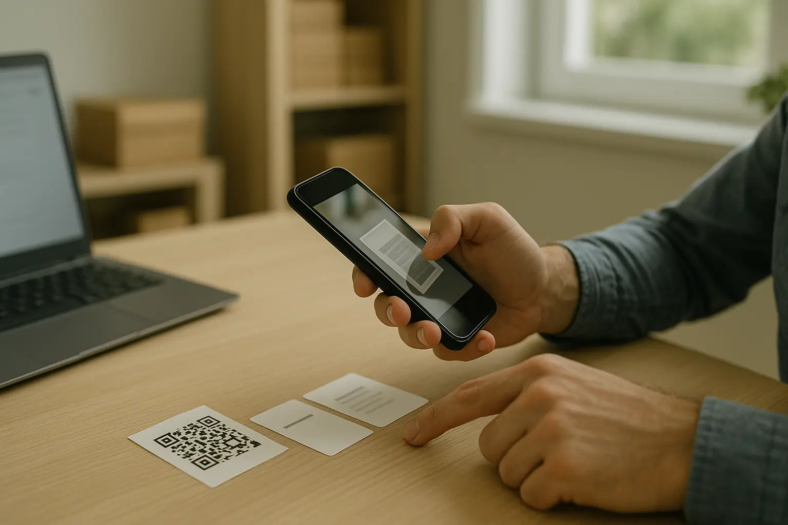 Person scanning a QR code while pointing to a redirect chain of cards