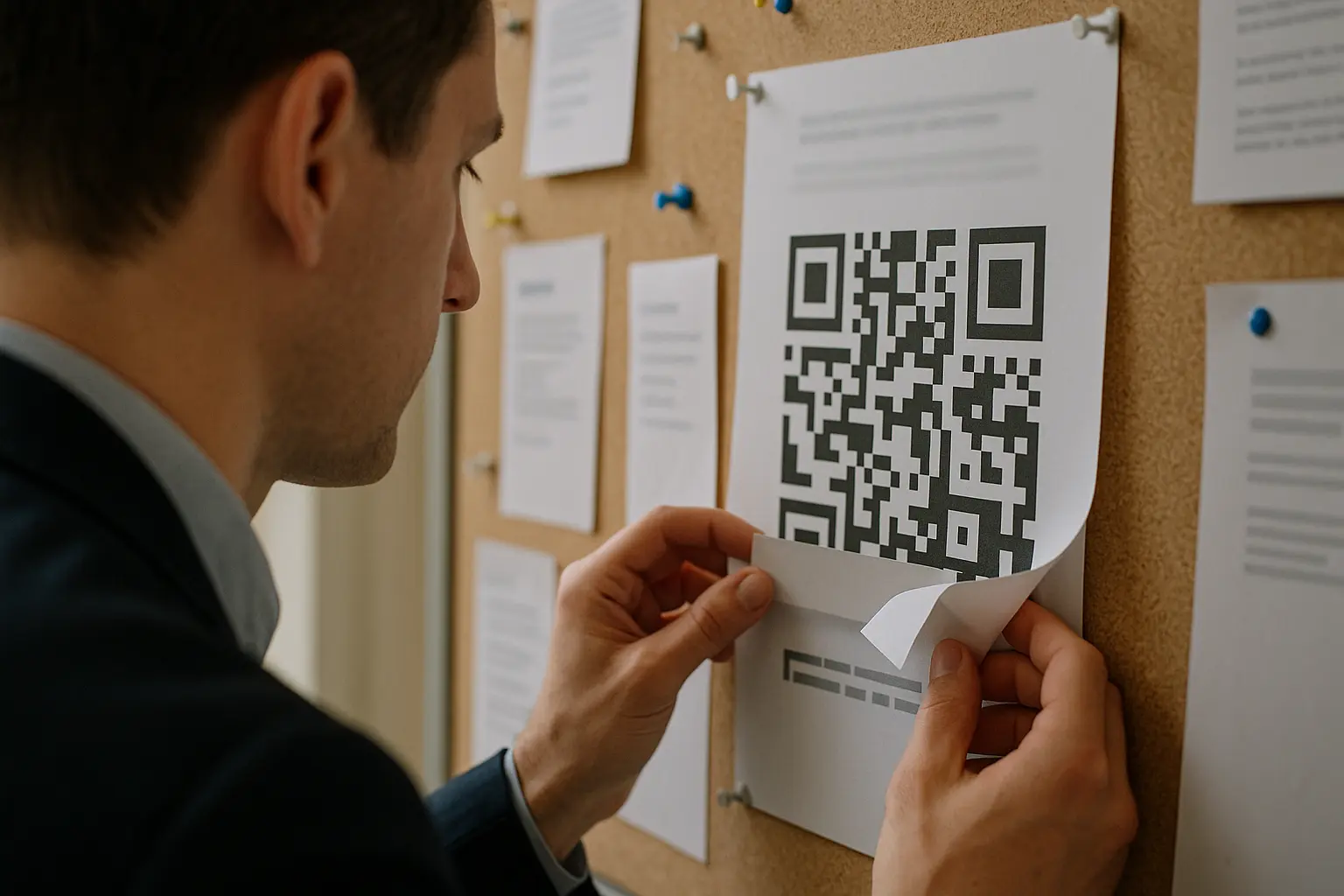 Hands checking a QR code for a sticker overlay on a posted sign