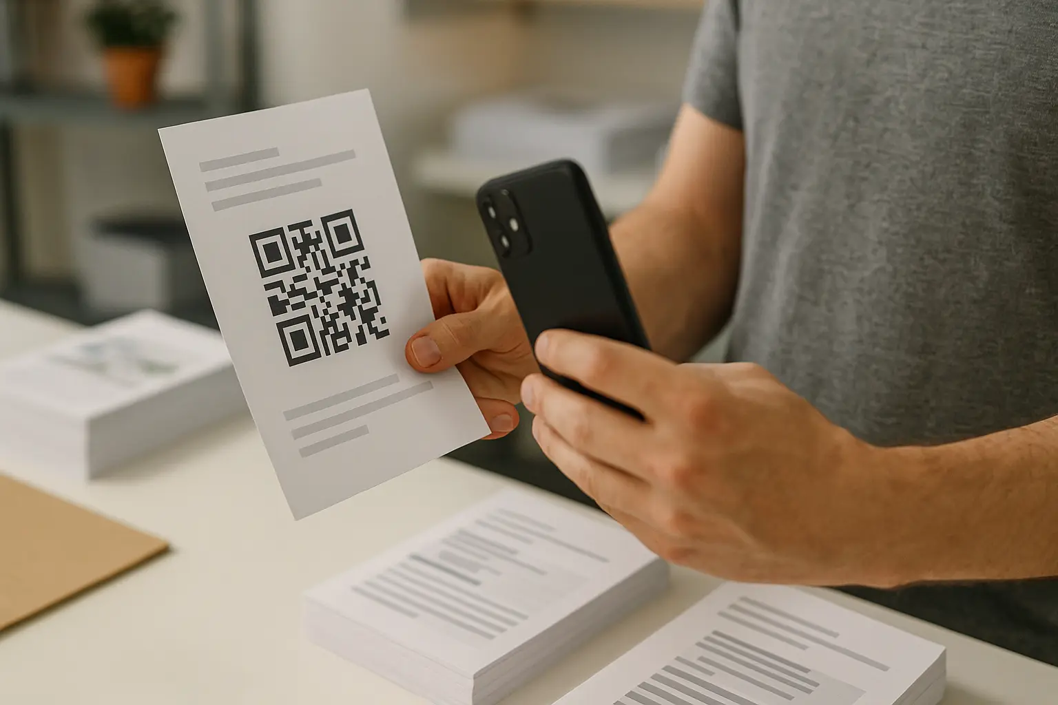 Person scanning a QR code on a printed flyer to test if it still works