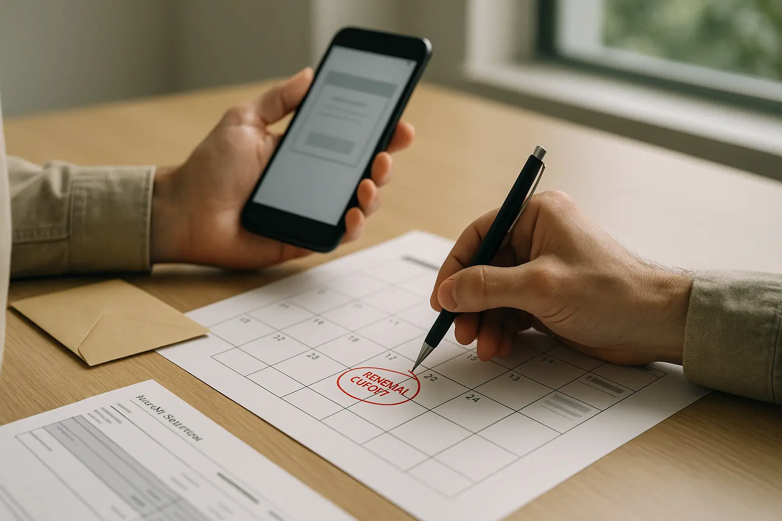 Person marking a renewal cutoff date on a paper calendar