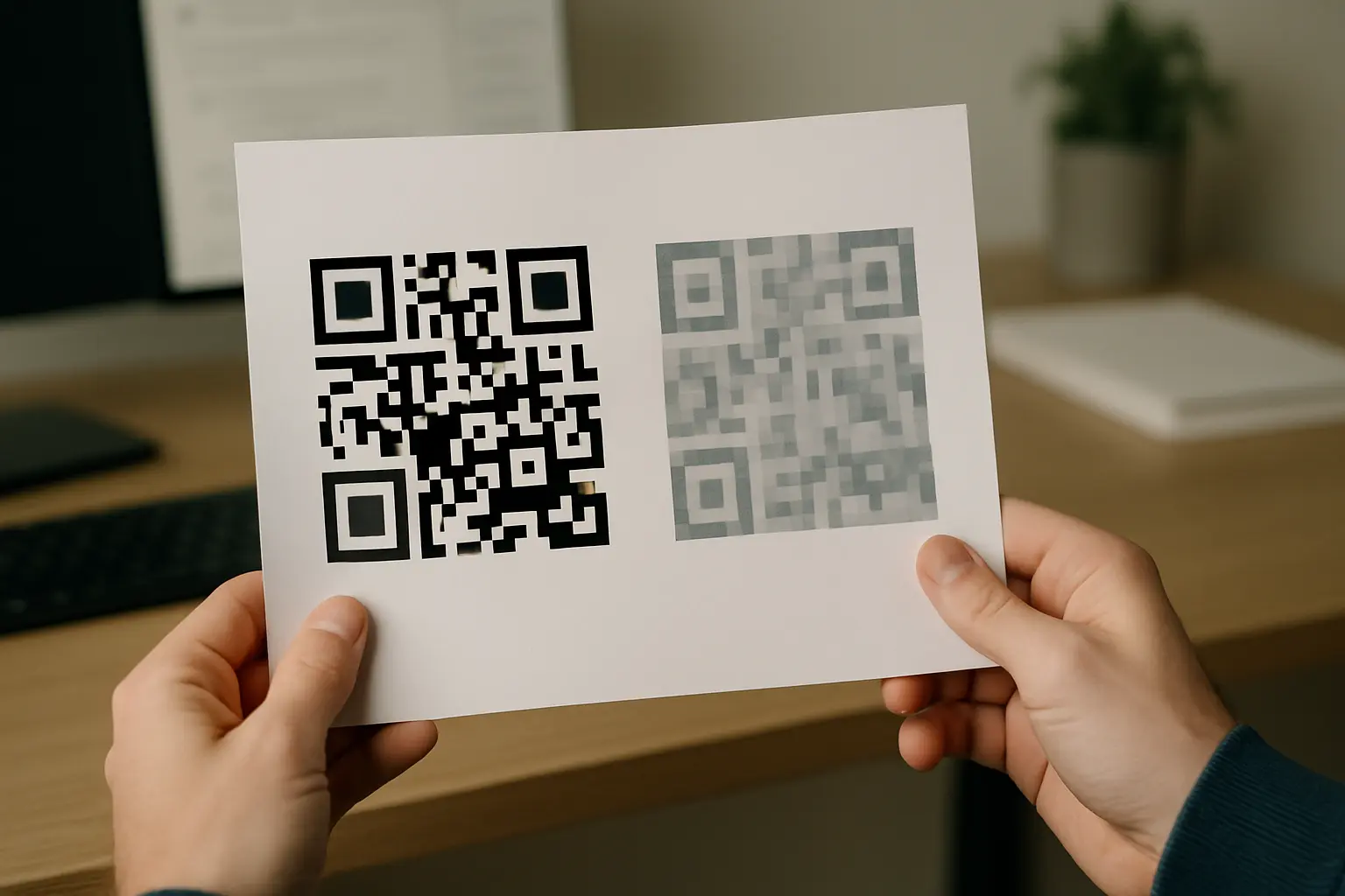 Crisp versus blurred QR code modules shown side by side on paper