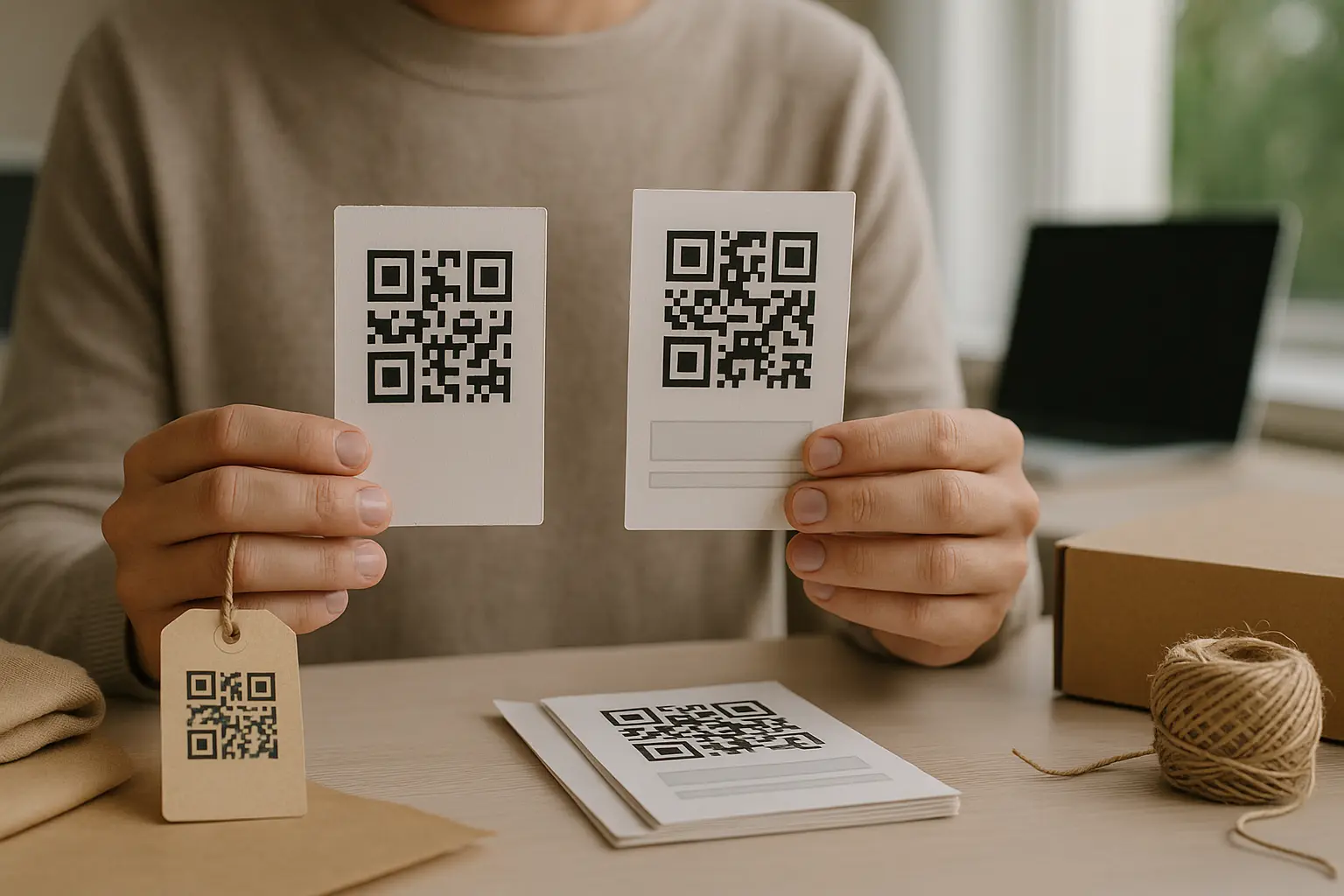 Seller holding two different QR code cards to compare options