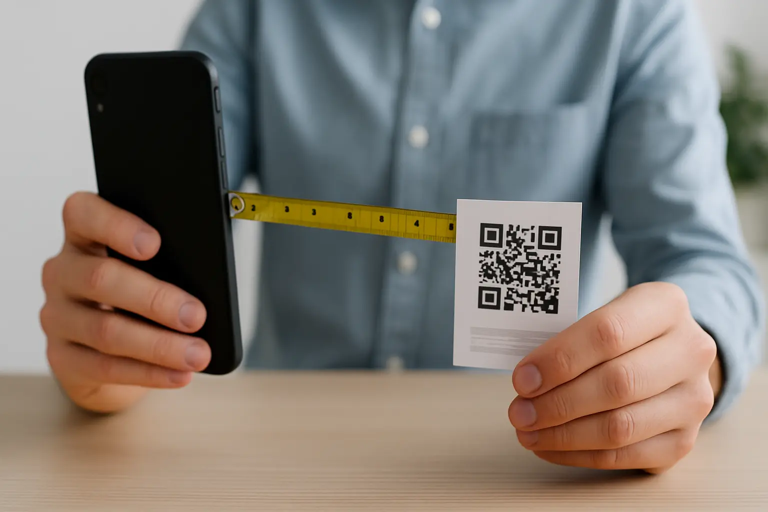 Person measuring phone scanning distance to a small QR code card