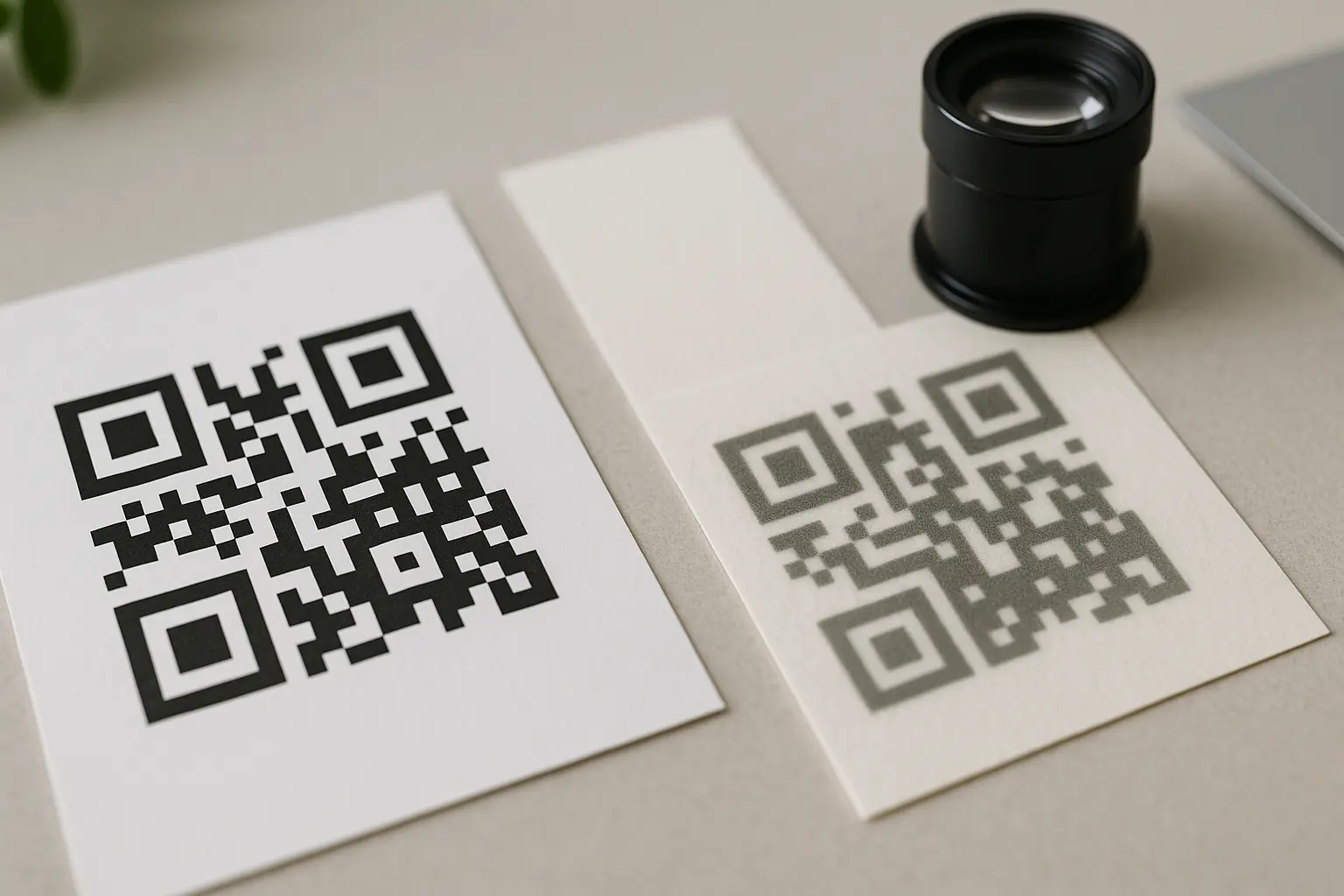 Close-up of crisp versus blurry printed QR modules on different paper stocks