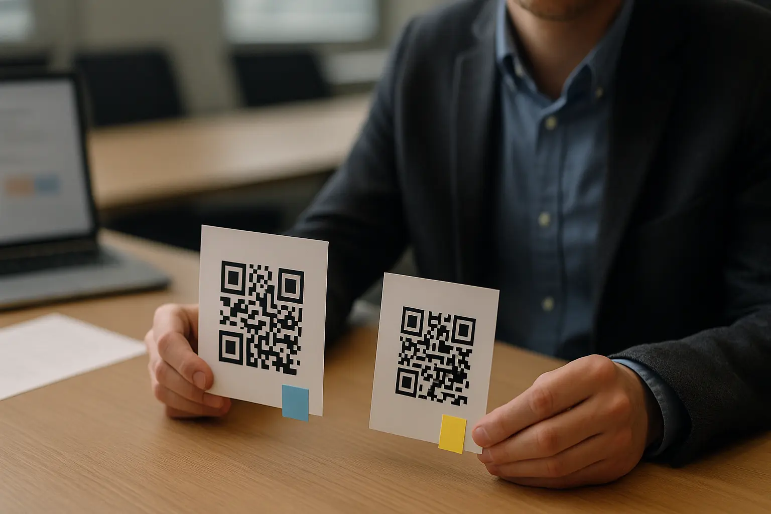 Two QR code cards on a table representing static and dynamic options