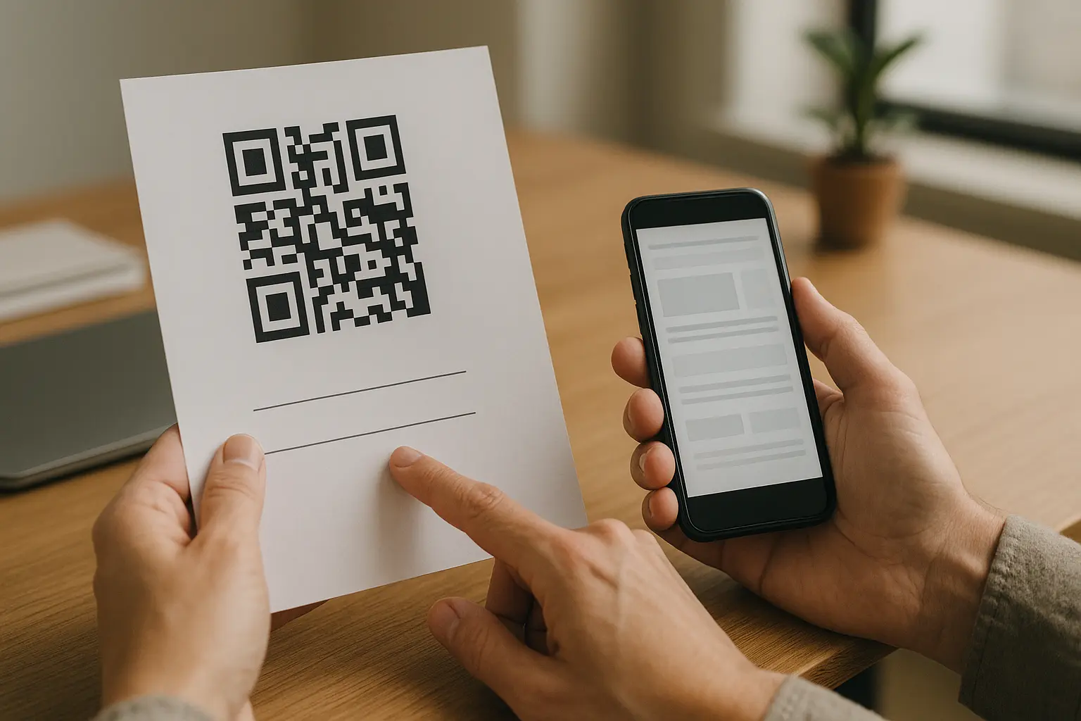 Marketer testing a printed QR code with a smartphone at a desk