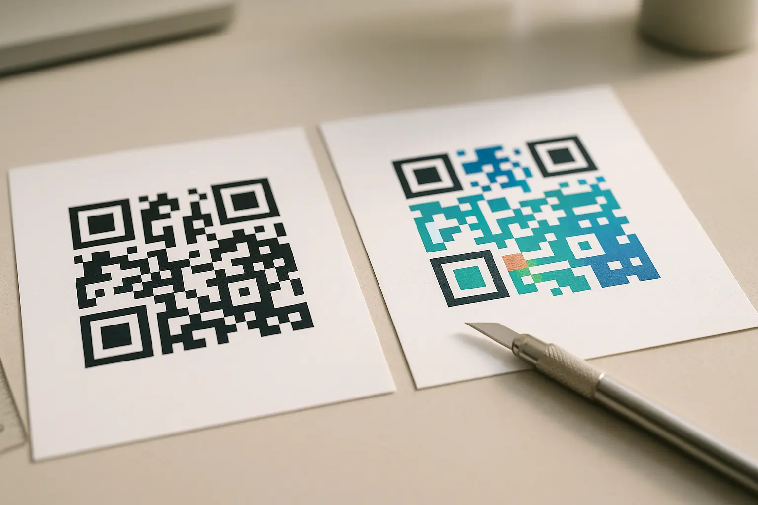 Printed QR code variants showing clear quiet zone and finder patterns