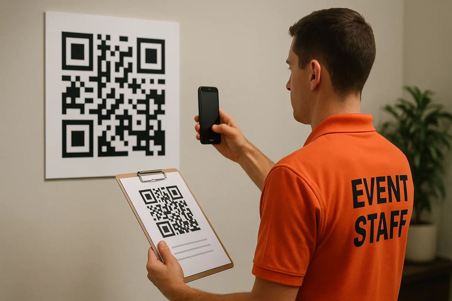 Person testing QR code scan distance with a phone near signage