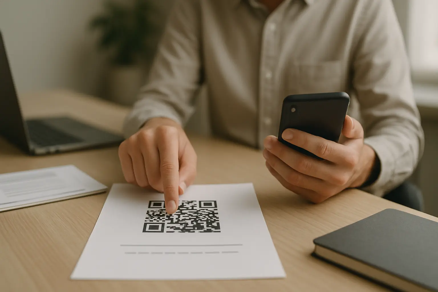 Person pointing at a printed WiFi QR code and payload format sheet