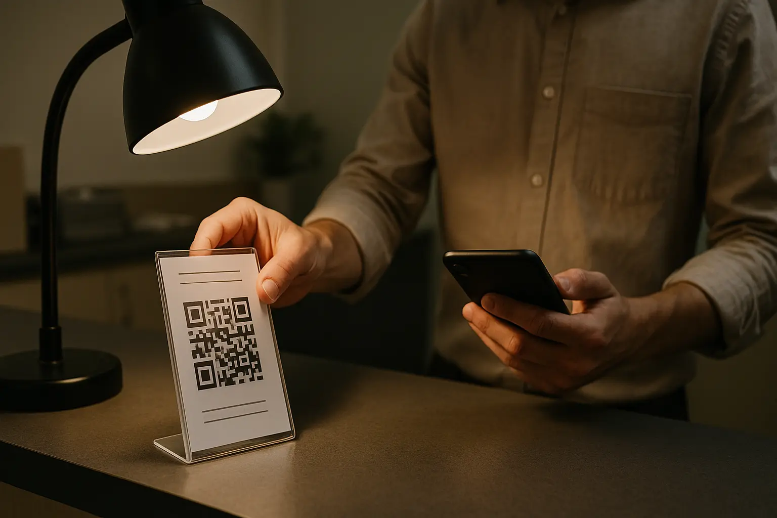 Person repositioning a laminated QR sign to reduce glare before scanning