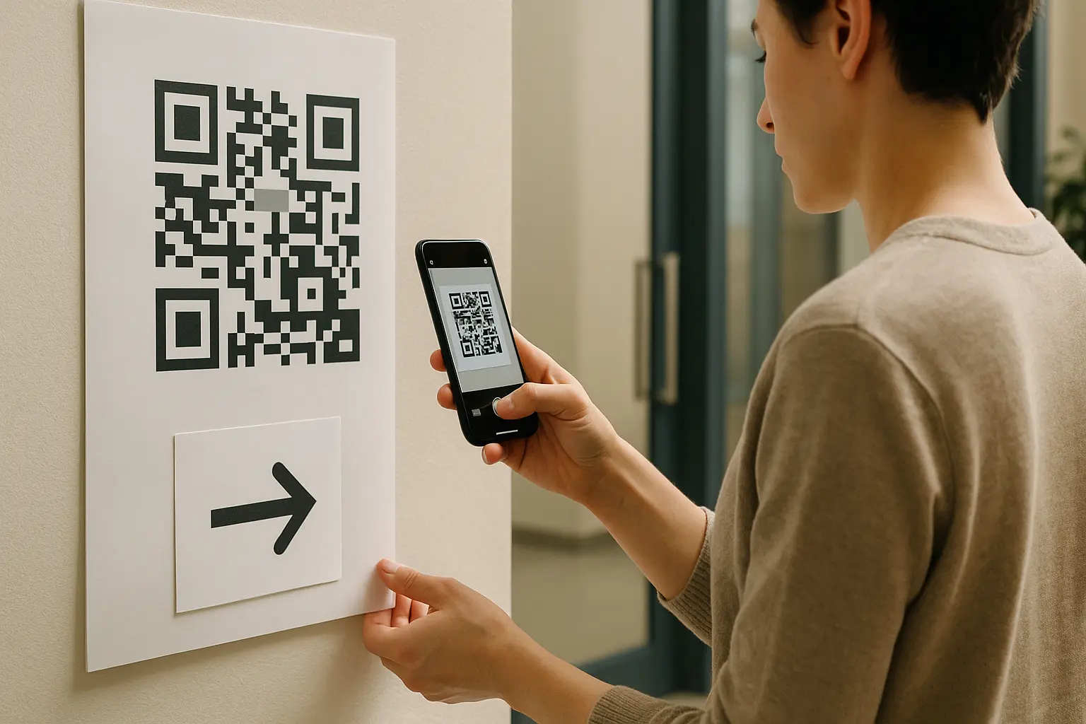 Person scanning a printed QR code poster in a hallway to show redirect logging