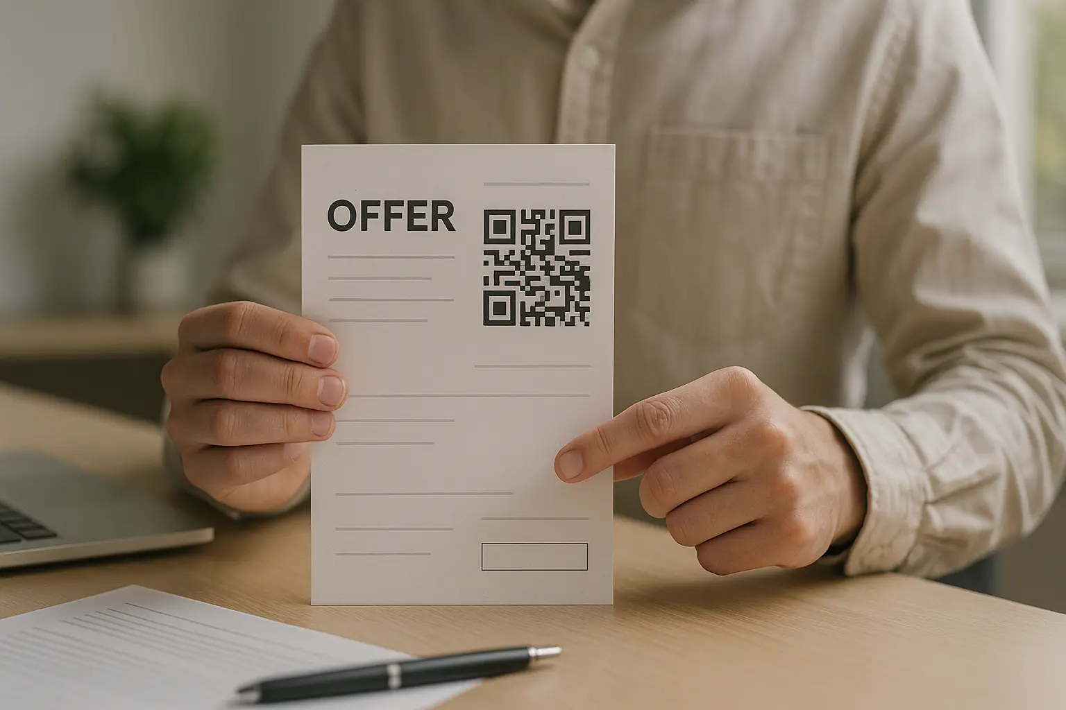 Person holds a postcard and indicates where the QR code sits near the main offer