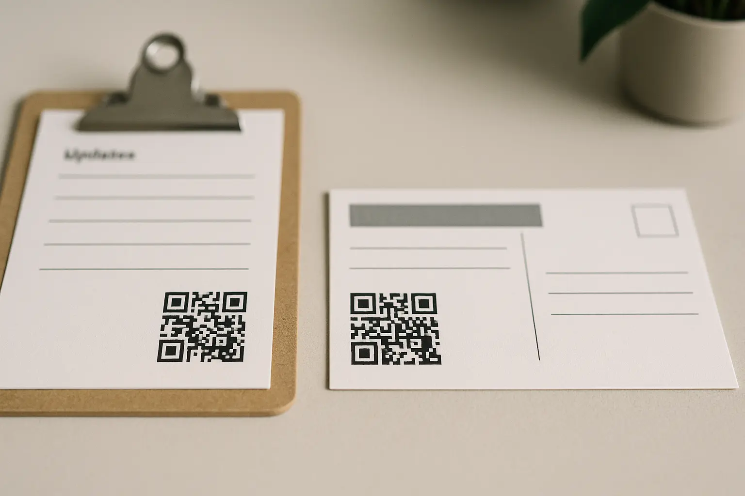 Two mail pieces showing contrasting QR code setups side by side