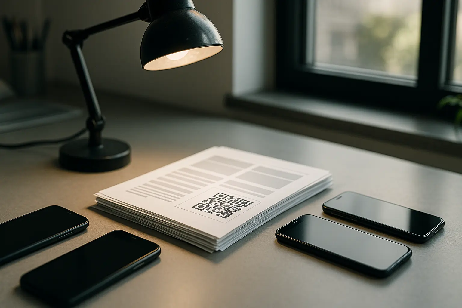 Printed QR code proofs with multiple phones arranged for scan testing