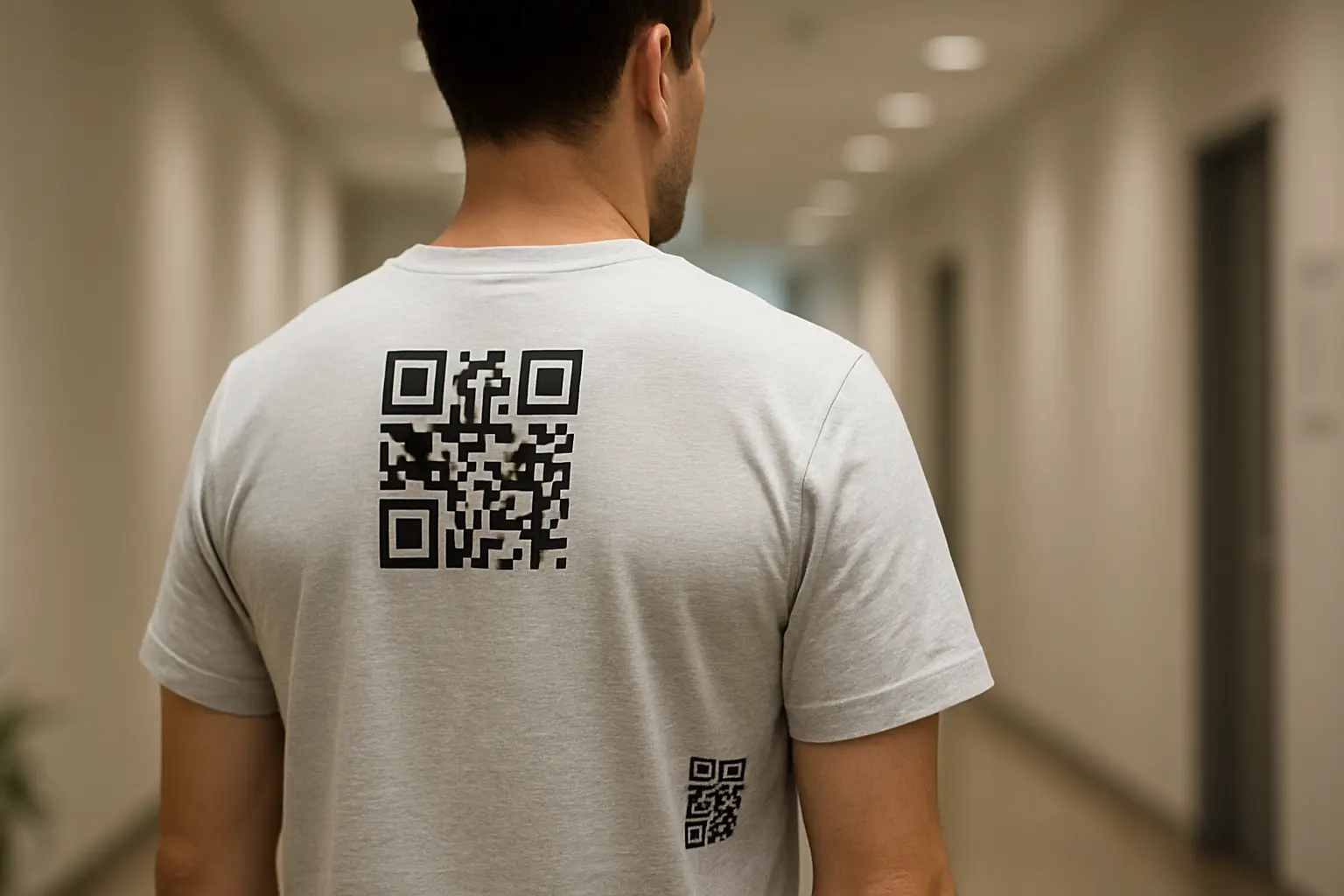 Person wearing a shirt with a QR code on the upper back near flat fabric