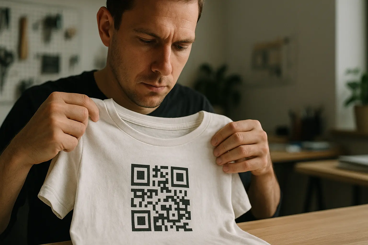 Person smoothing a shirt to show a QR code with a clear blank margin