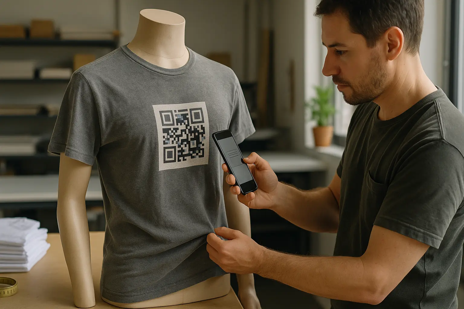 Person scanning a QR code on a shirt while bending the fabric to test it