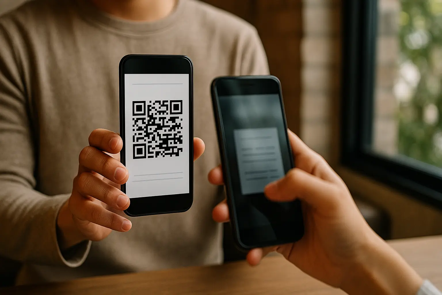 Two phones held close together for scanning a QR code from a screen
