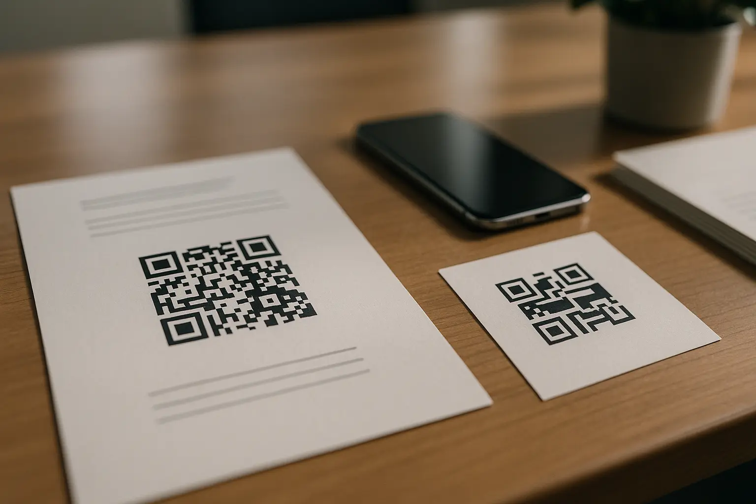 Two printed QR code cards side by side on a table to compare static and dynamic