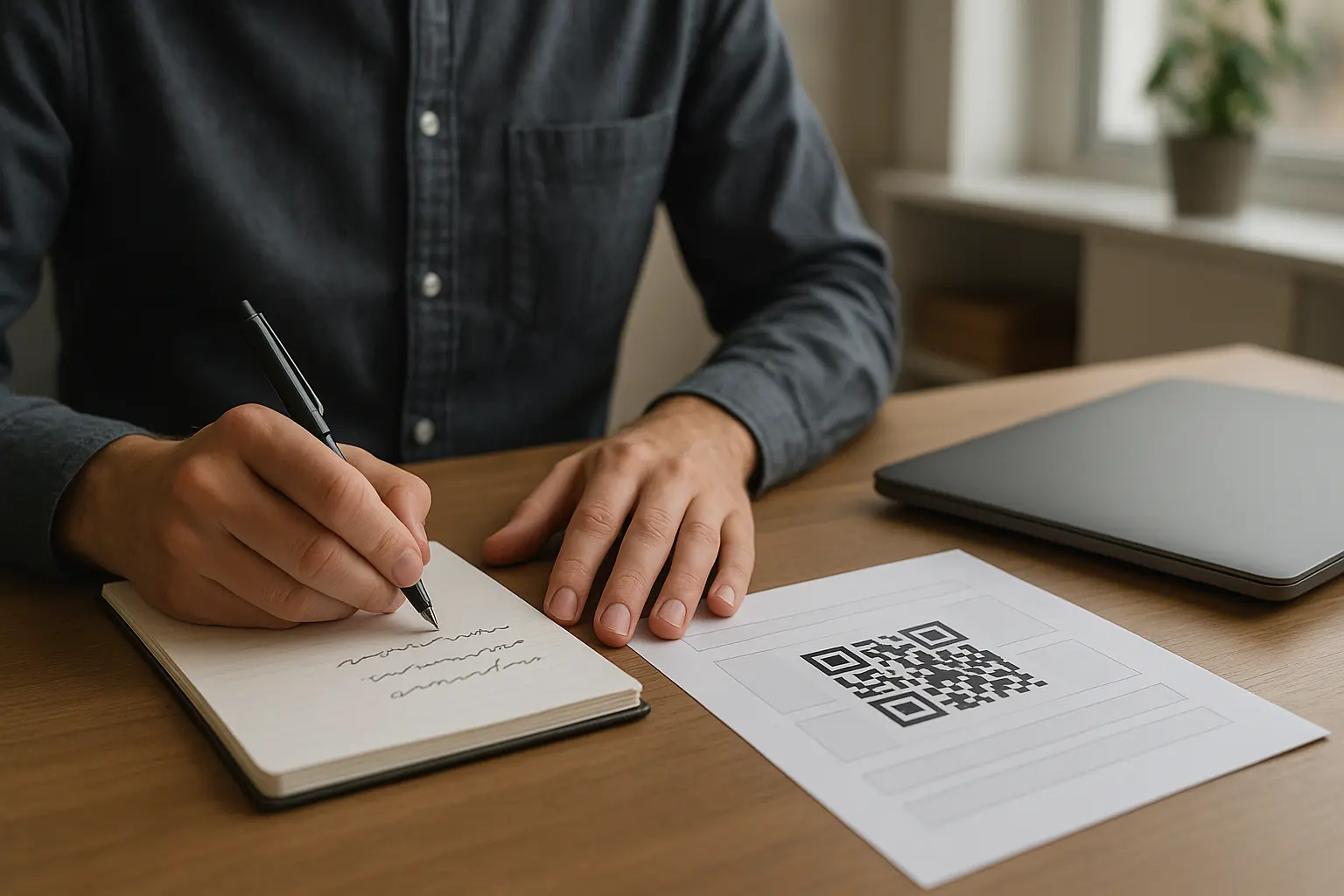 Person writing campaign tagging notes next to a printed QR code sheet