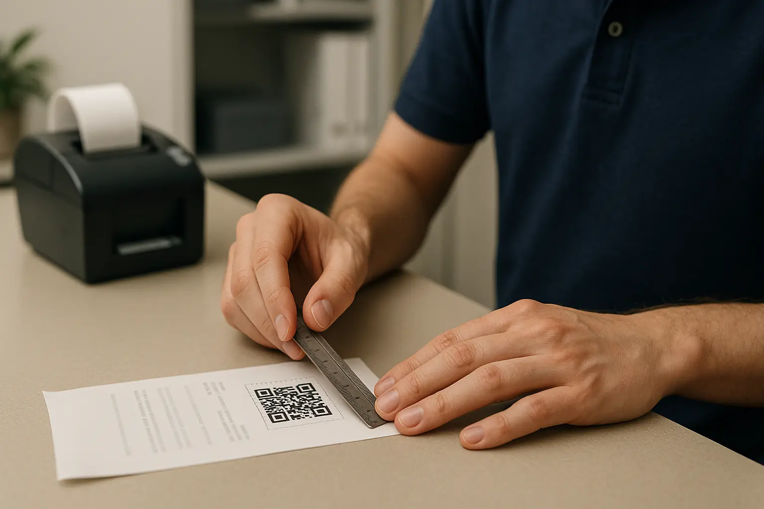 Person measuring spacing around a QR code on a receipt