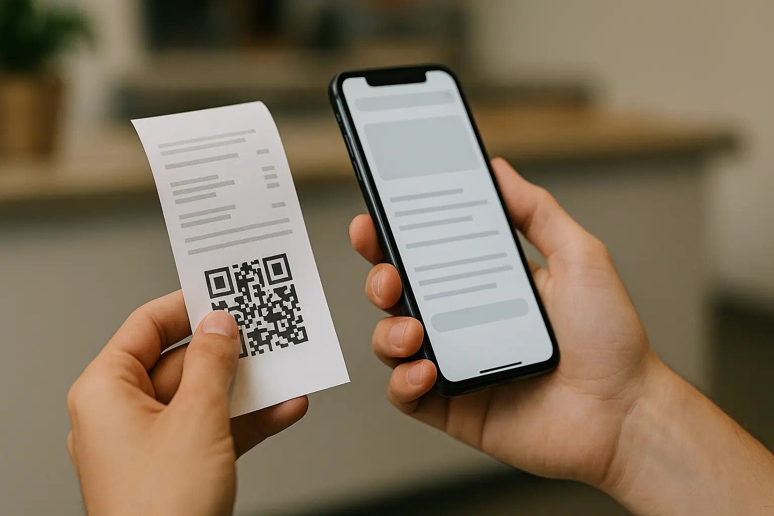 Hands holding a receipt and phone after scanning a QR code