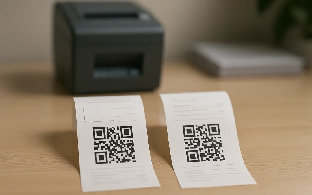Two receipts with QR codes side by side on a worktable