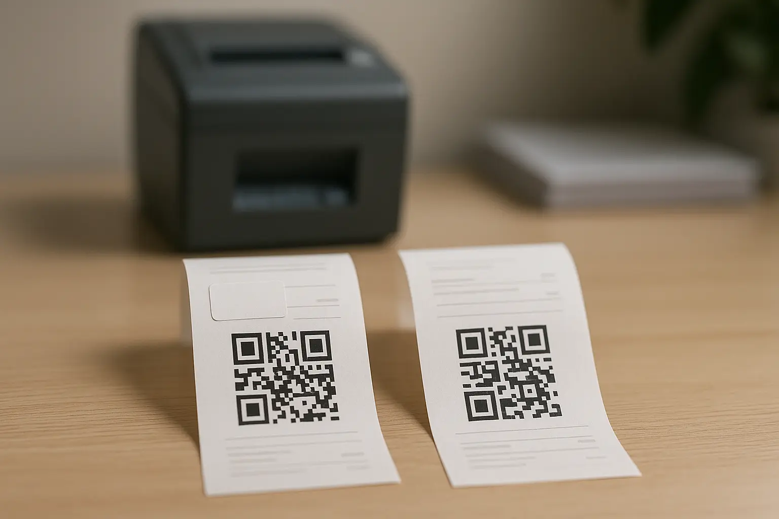 Two receipts with QR codes side by side on a worktable